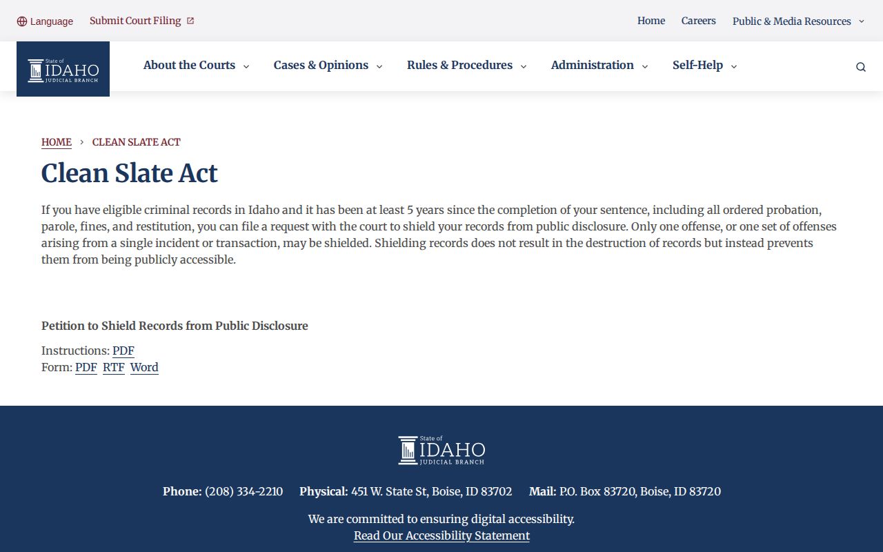 Idaho Clean Slate information for Jefferson County arrest record access